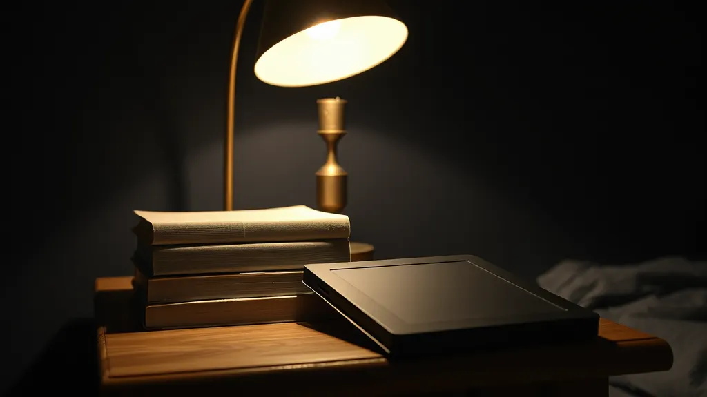 A bedside table at night: three closed hardback books in a stack, a small brass reading lamp casting a warm pool of light, and a closed e-reader face down