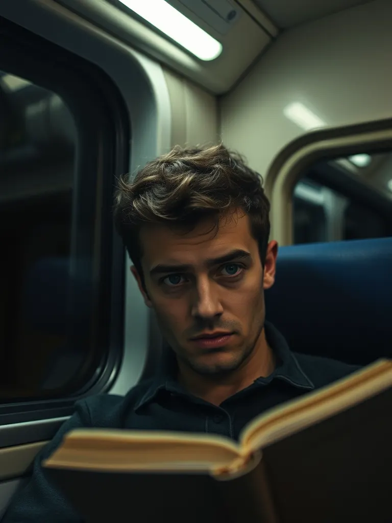 Jonas reading a paperback in a dim train carriage at night, his face lit by the small light above the seat