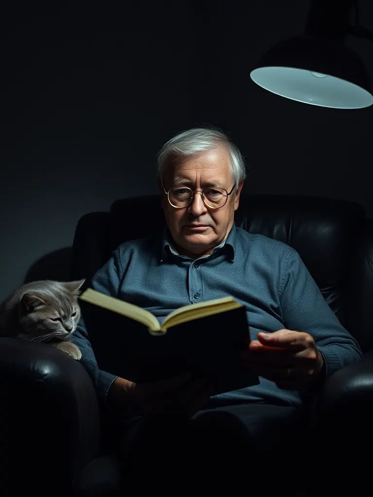 An older man reading in a dark armchair under a floor lamp, glasses on, a cat asleep on the armrest