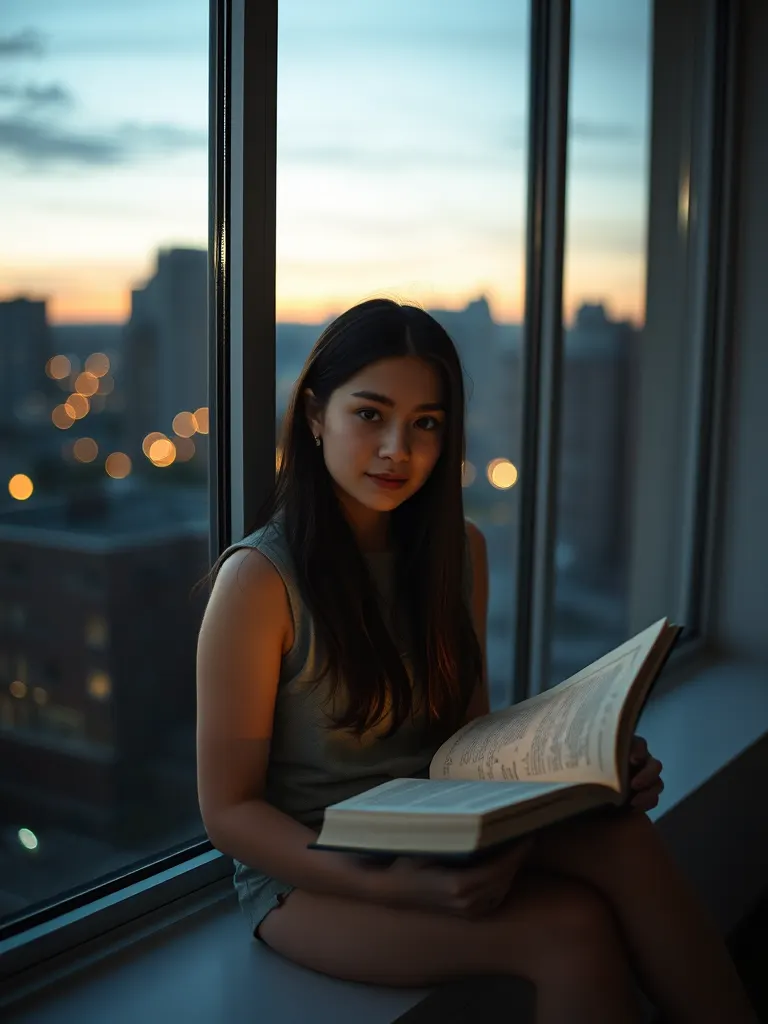 A young woman with long hair reading on a windowsill at dusk, the city's lights blurred behind her