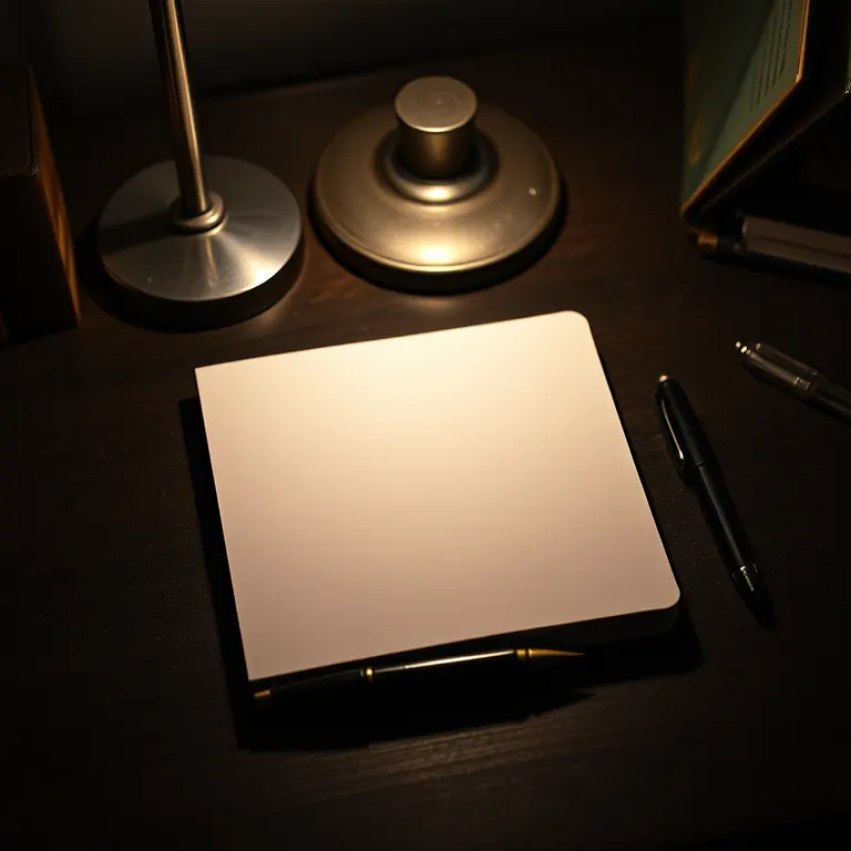 A closed plain notebook with a fountain pen beside it under a desk lamp on a dark desk